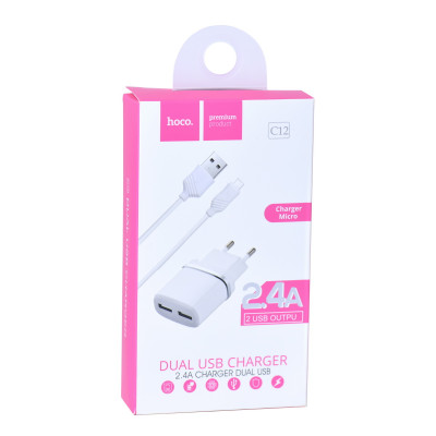 Зарядний пристрій Hoco C12, 2-USB 2.4A (Micro)