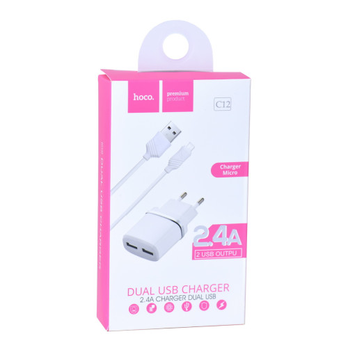 Зарядний пристрій Hoco C12, 2-USB 2.4A (Micro)