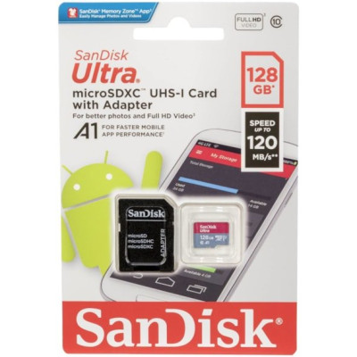 Флеш пам`ять microSDXC 128GB Sandisk ULTRA A1 + SD (Class 10) UHS-I U1, (SDSQUA4-128G-GN6MA)