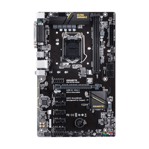 Материнська плата Gigabyte GA-H110-D3A (s1151, Intel H110, PCI-Ex16), 2 x DDR4 DIMM, 2 x PCI-E 2.x x1, 1 x PCI-E 3.0 x16, Intel Core i7, Core i5, Core i3, Pentium, Celeron 6-го покоління під сокет LGA1151
