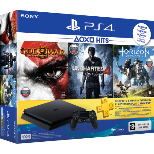 Ігрова приставка Sony Playstation 4 Slim 500GB, Комплектація, Консоль Sony PS4 Slim 500GB Black (CUH-2108A), Один безпровідний контролер DualShock 4, Кабель USB, Кабель живлення AC, Моногарнітура, Кабель HDMI, + Horizon Zero Dawn + Uncharted 4: Шлях злоді