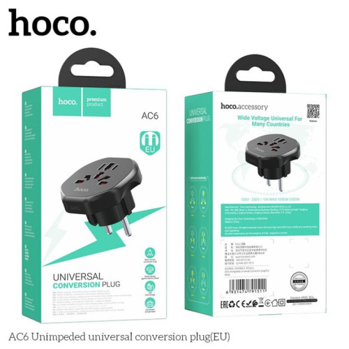 Перехідник на євророзетку Hoco AC6-тройник Black