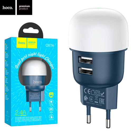 Зарядний пристрій Hoco C87A 12W, 2xUSB + нічник