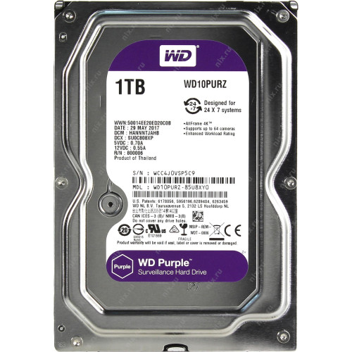 Жорсткий диск HDD 1TB 5400 WD, SATA III, 64 MB, Purple (WD10PURZ), REF