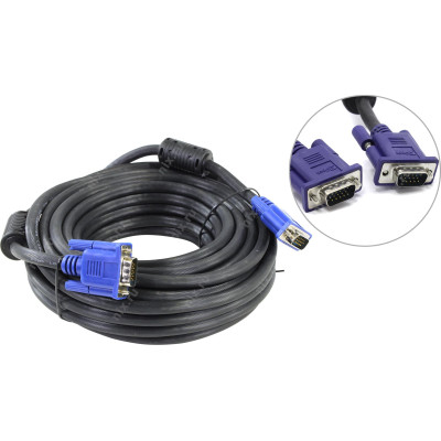 Кабель для монітора VGA - VGA 15 м, 2 феррита, чорно-синій, пакет (9065)