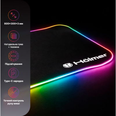 Килимок для мишки Holmer GMP-02RGB 300*800мм, товщина 3,0 мм, Black