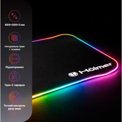 Килимок для мишки Holmer GMP-01RGB 300*600мм, товщина 3,0 мм, Black