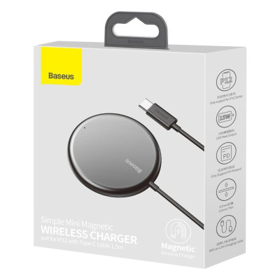 Бездротовий Зарядний пристрій Baseus BS-W522 15W, USB Type-C, Black (WXJK-F01) Support iPhone 12