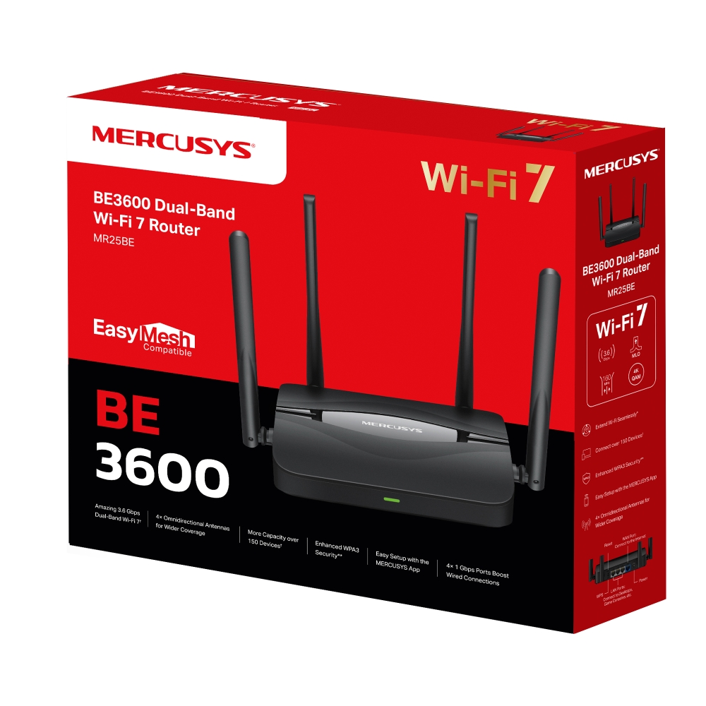 Маршрутизатор Mercusys MR25BE (BE3600 Wi-Fi 7, 1хGE WAN, 3хGE LAN, MU-MIMO, 4 антени)