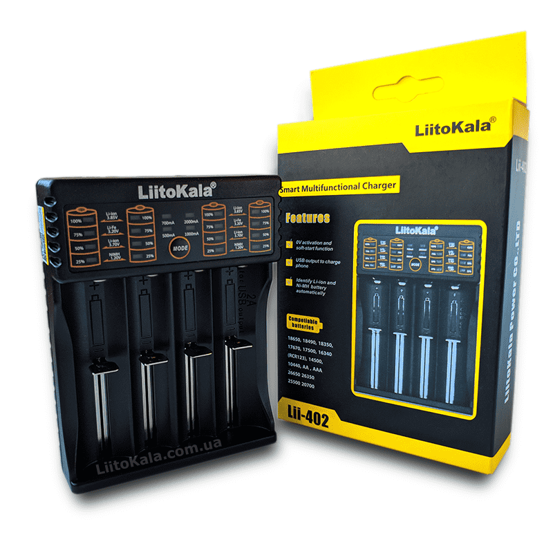 Зарядний пристрій LiitoKala Lii-402 All in One, 2A max, 4 channels (26650, 22650, 21700, 18650, AA, AAA)