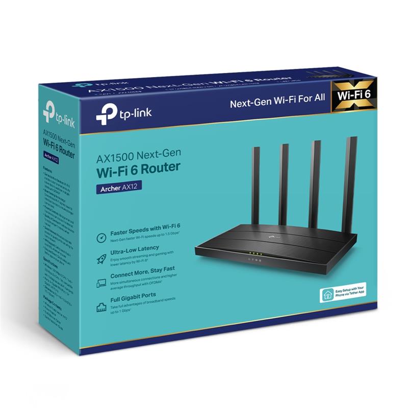 Маршрутизатор TP-Link Archer AX12 ((AX1500, Wi-Fi 6, 1хGE WAN, 3хGE LAN, MU-MIMO, OFDMA, 4 антени)