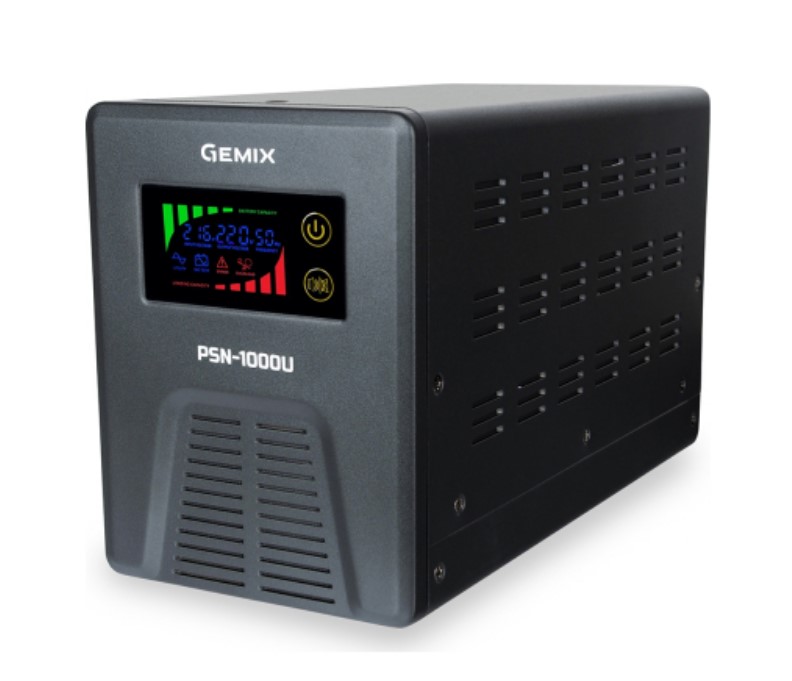Джерело безперебійного живлення Gemix PSN-1000U, 600W, 3*Shucko, 12V, 7/9/13A, чиста синусоїда, без АКБ