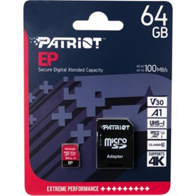 Флеш память MicroSD 64GB Patriot EP + SD UHS-I V30 (Class 10) (PEF64GEP31MCX)