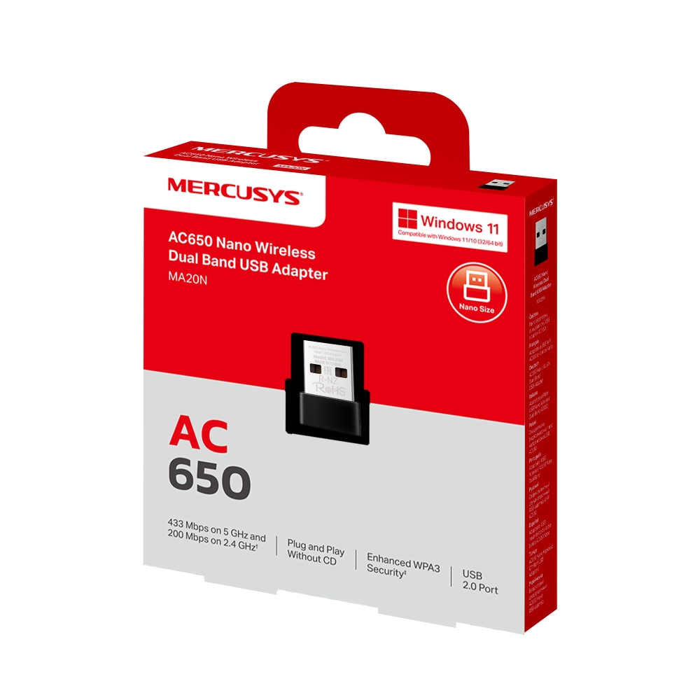 Обладнання Wi-Fi Adapter Mercusys MA20N, AC650, Dual-Band 2,4 + 5 GHz, USB