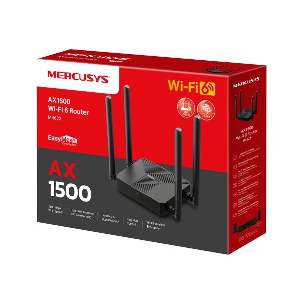 Маршрутизатор Mercusys MR62X (AX1500 Wi-Fi 6 (802.11ax), 1хGE WAN, 2хGE LAN, MU-MIMO, 4 антени)