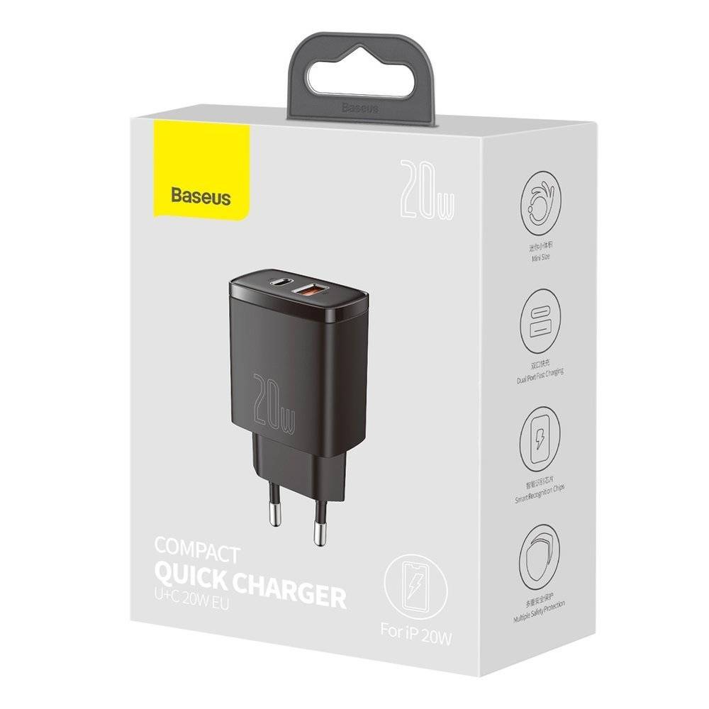 Зарядний пристрій BASEUS Compact 20W USB + Type-C (CCXJ-B01), Black