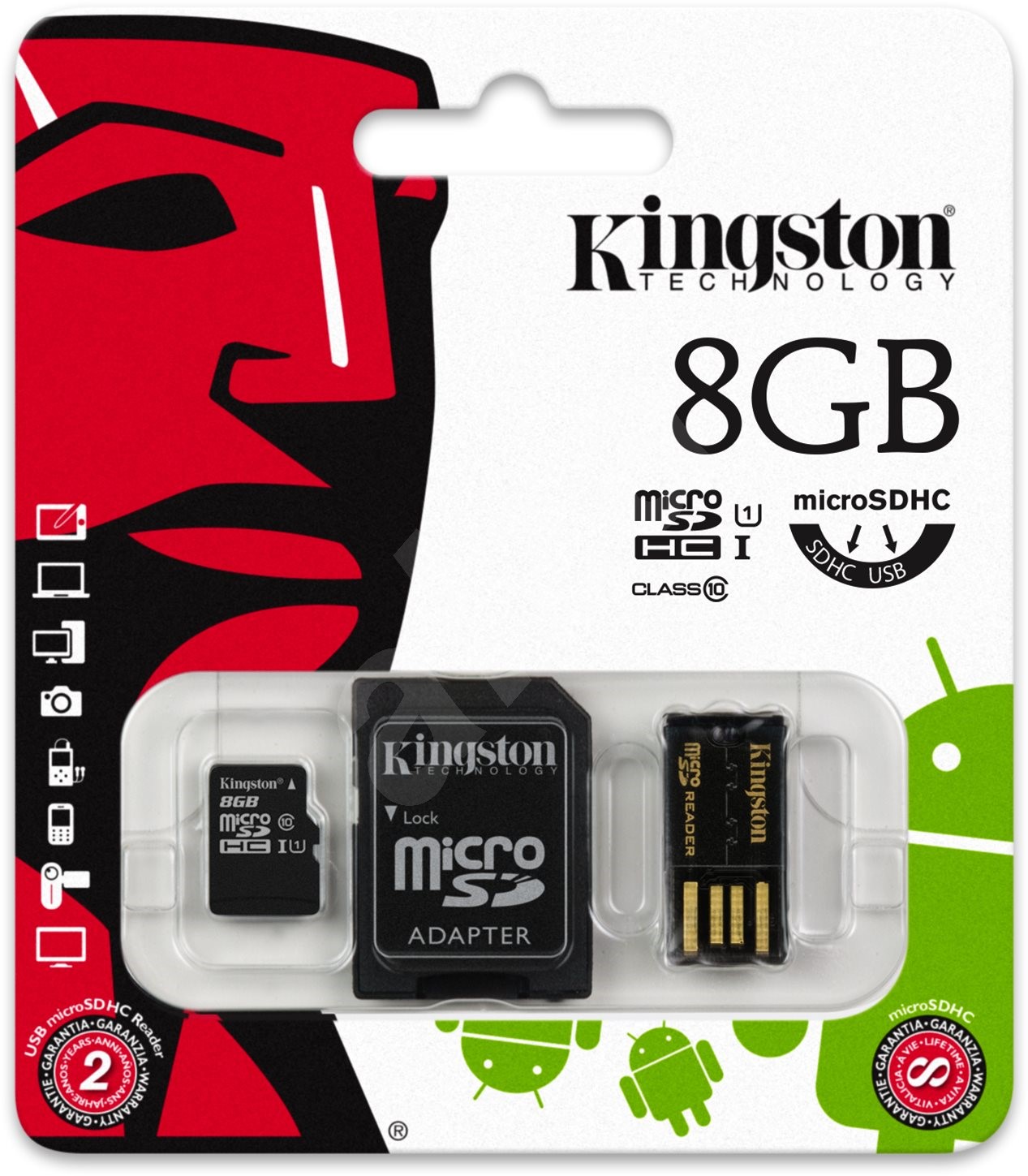 Флеш память MicroSD 8GB Kingston (Class 10) SD Adapter+USB (MBLY10G2/8GB)